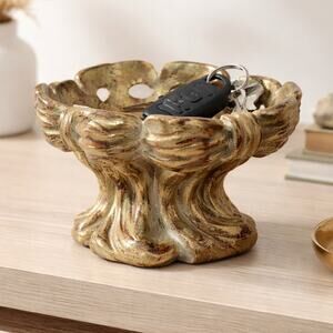 Vintage 90s Ceramic Bow Design Candle Holder Bowl Gold Rustic